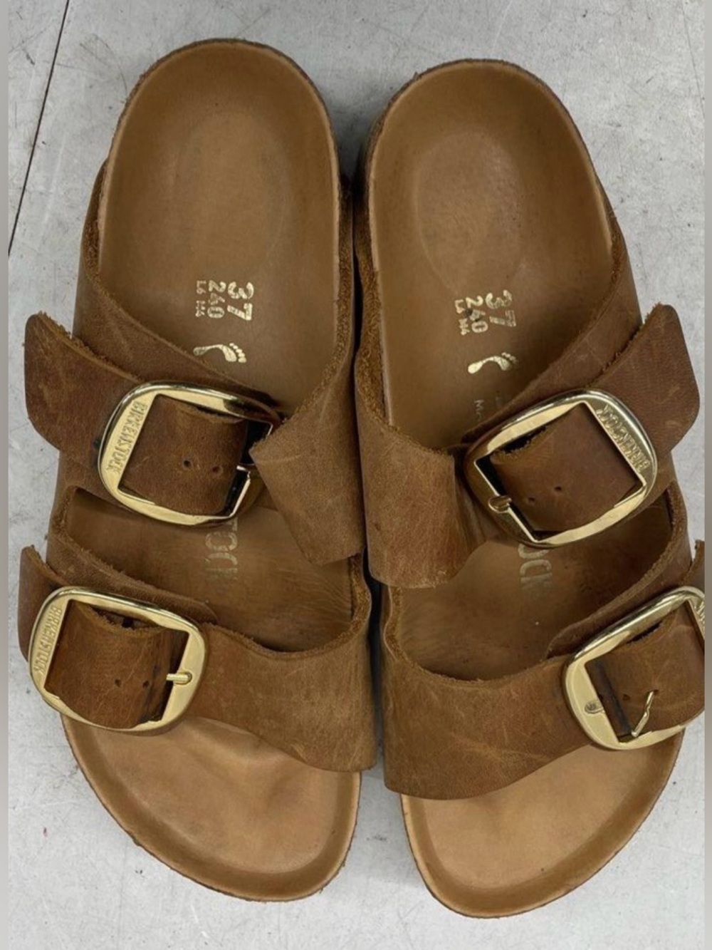 Birkenstock Arizona Brown Suede Two-Strap Sandals with Gold Buckles